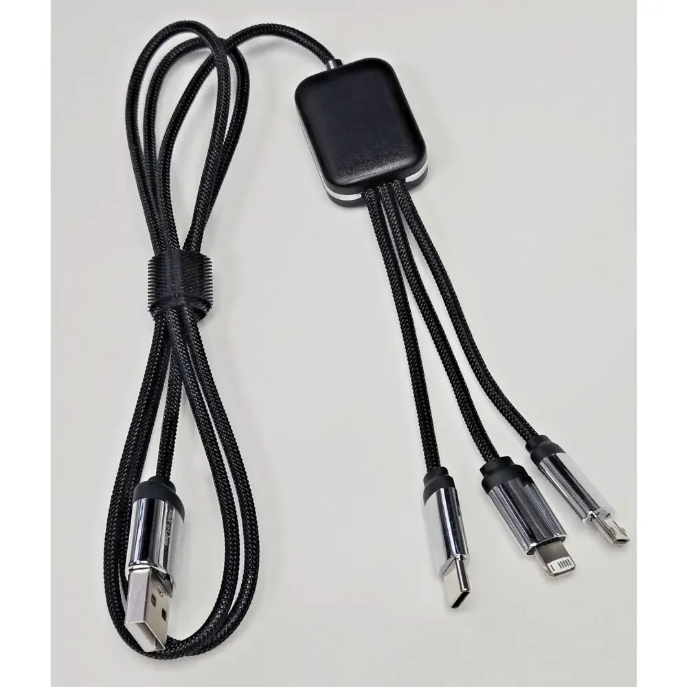 3-in-1 USB Charging Cable Hub Braided | USB-C 8-Pin Micro-USB | Overstock Black